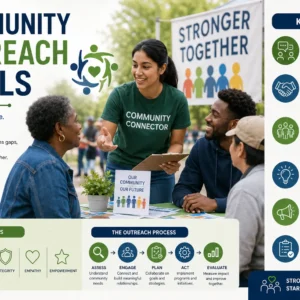 Educational banner for Community Outreach Skills course with teamwork and community visuals