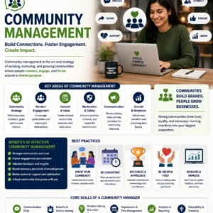 Educational course image for Community Management with teamwork and engagement visuals