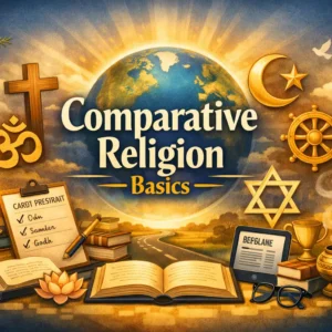 Educational banner for Comparative Religion Basics course showing world religions and unity visuals