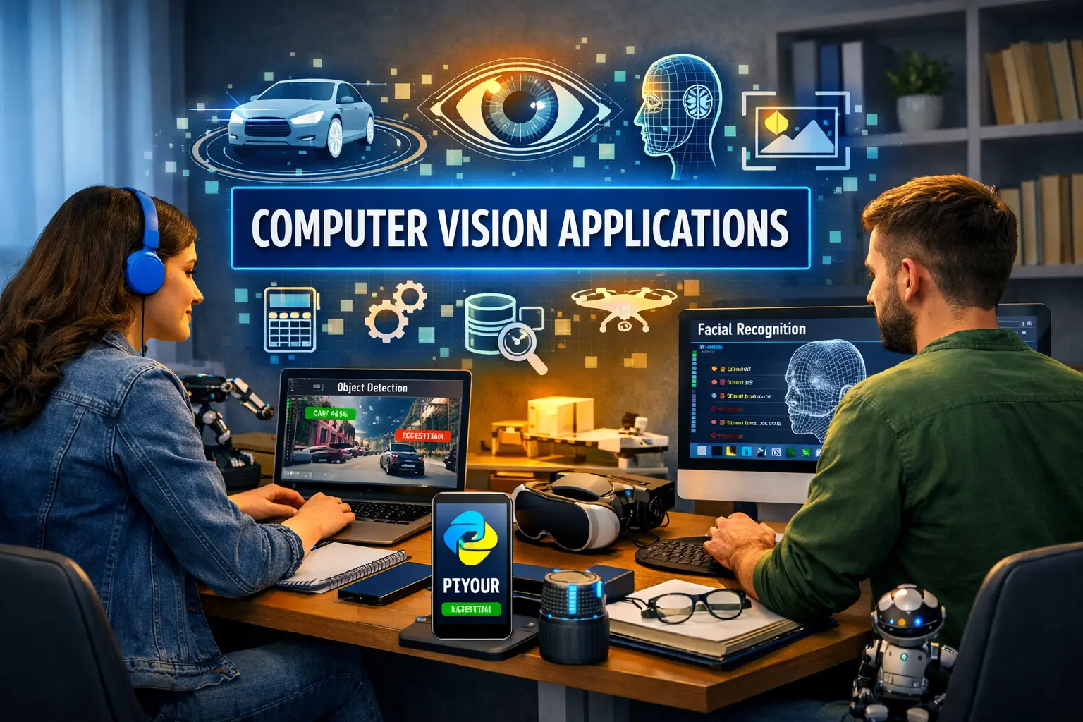 High-quality educational banner showing Computer Vision Applications course with AI and image analysis visuals