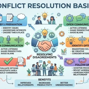 Professional Conflict Resolution Basics course image with teamwork and mediation visuals
