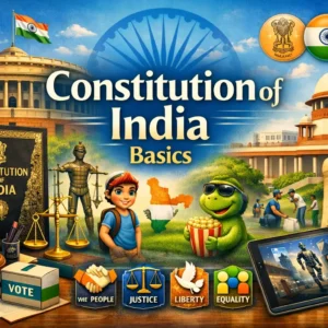 Educational banner for Constitution of India Basics course showing Indian Parliament and Constitution visuals