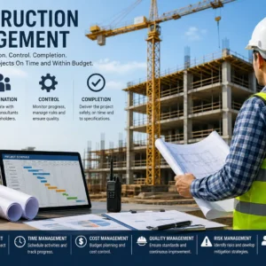 Construction Management course showing students analyzing blueprints, digital models, and project schedules