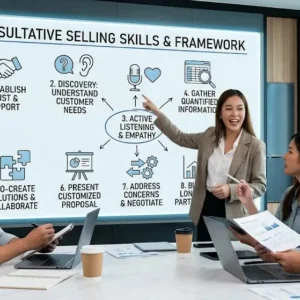 Consultative Selling Skills course banner showing professionals engaging in client-focused discussions and solutions.
