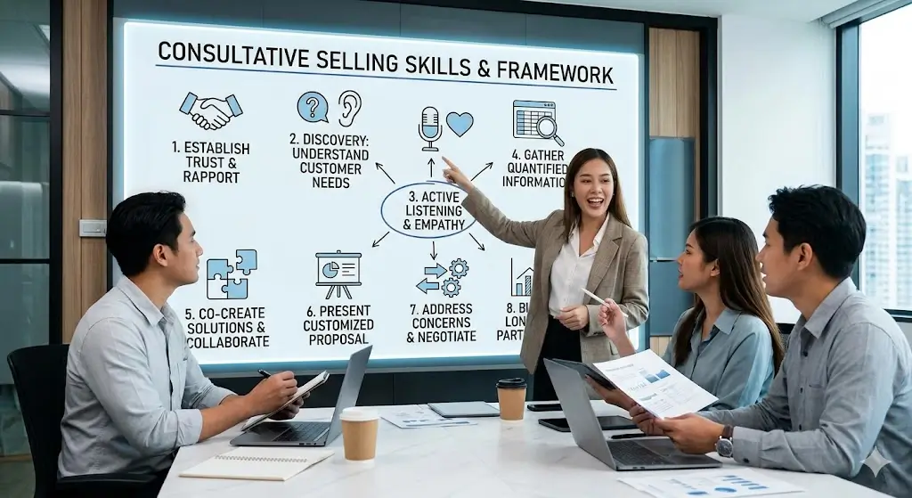 Consultative Selling Skills course banner showing professionals engaging in client-focused discussions and solutions.