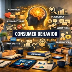 High-quality educational banner for Consumer Behavior course showing marketing and psychology visuals