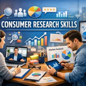 Consumer Research Skills course banner showing students analyzing market data and consumer trends