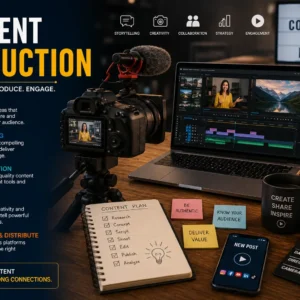 Content Production course image with camera, laptop, and creative tools
