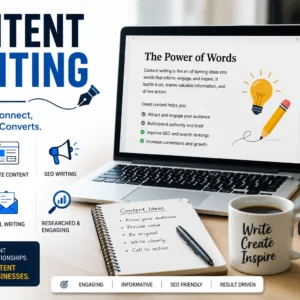 Educational banner for Content Writing course with writing and digital media visuals