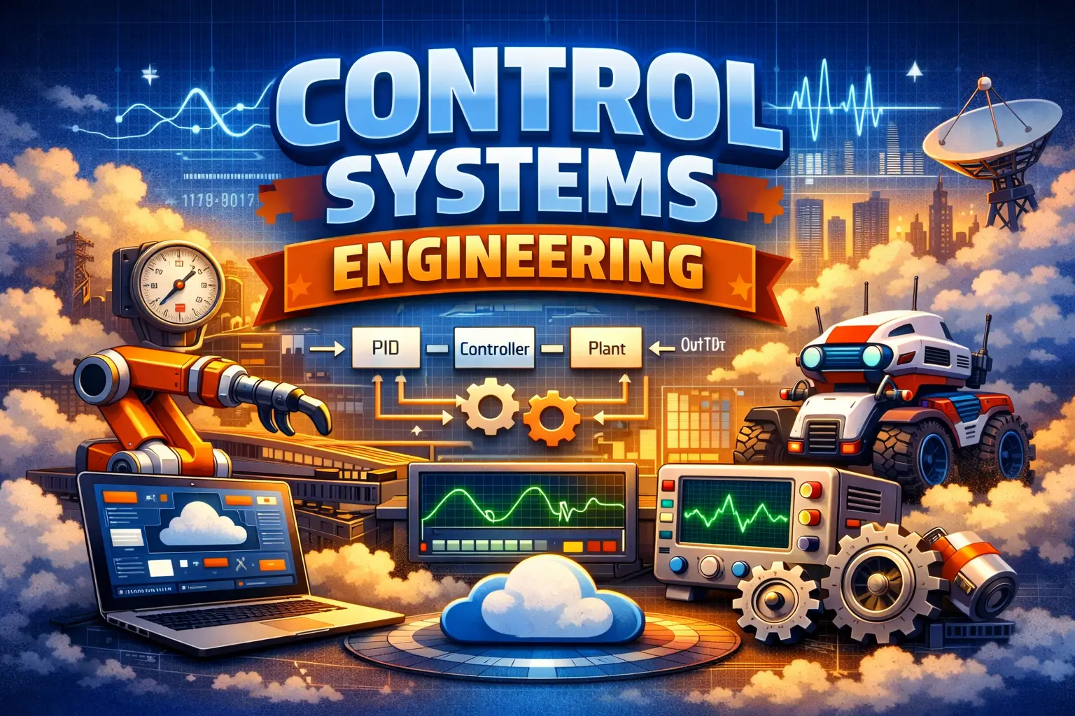 Professional course image for Control Systems Engineering with control diagrams and automation visuals