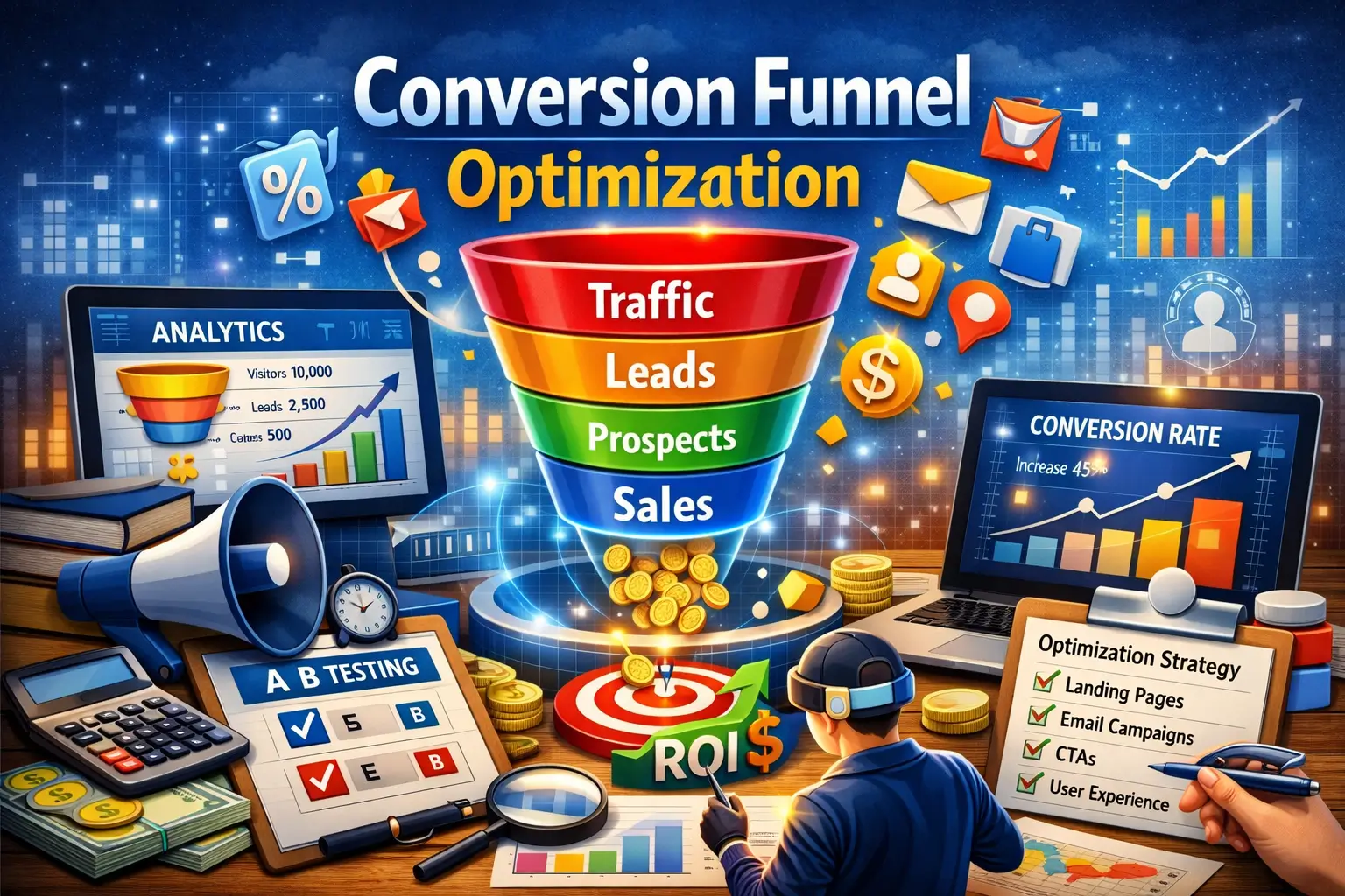 Professional Conversion Funnel Optimization course image with funnel and analytics visuals