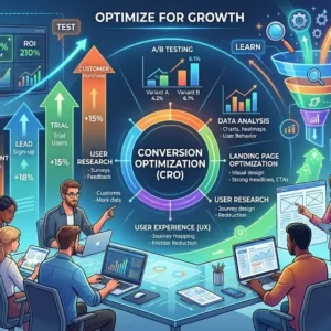 Modern Conversion Optimization course banner with visuals of landing pages, CTAs, and analytics dashboards.