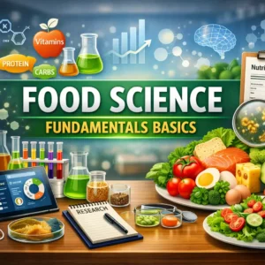Educational banner for Food Science Fundamentals Basics course with lab and food visuals