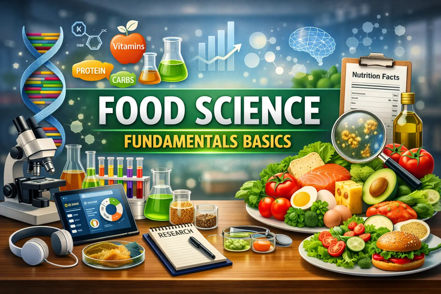 Educational banner for Food Science Fundamentals Basics course with lab and food visuals