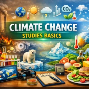 Educational banner for Climate Change Studies Basics course with environmental visuals