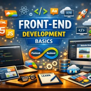 Educational banner for Front-End Development Basics course with coding and design visuals