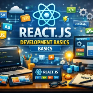 Educational banner for React.js Development Basics course with coding and UI visuals