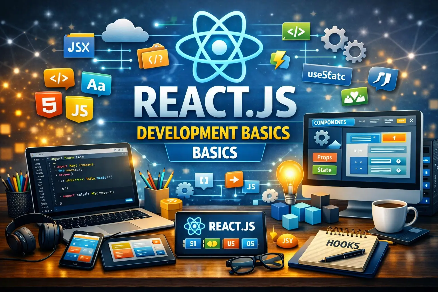 Educational banner for React.js Development Basics course with coding and UI visuals