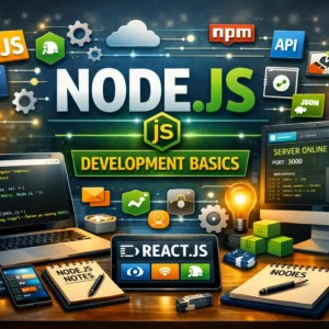 Educational banner for Node.js Development Basics course with server-side coding visuals