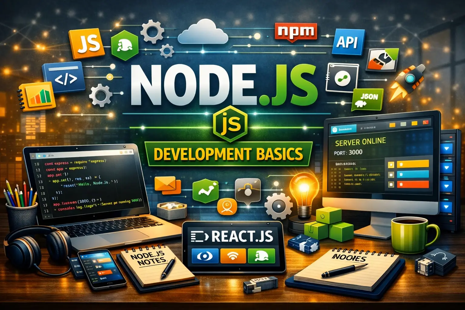 Educational banner for Node.js Development Basics course with server-side coding visuals
