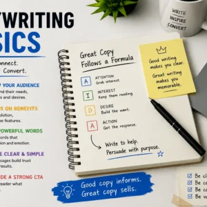 Professional Copywriting Basics course image with writing and marketing visuals