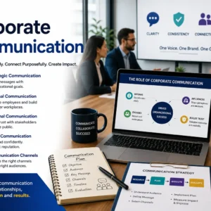 Corporate Communication course image with office, media, and teamwork visuals