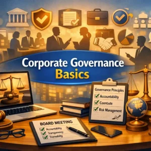 Corporate Governance Basics course image showing boardroom, leadership, and compliance visuals