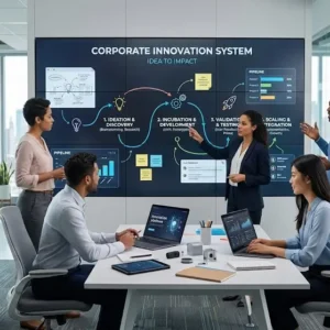 Professional corporate innovation systems course design with modern workplace visuals