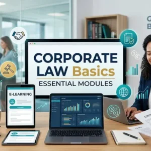 Educational banner for Corporate Law Basics course with legal and corporate visuals