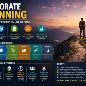 Educational banner showing Corporate Planning with charts, teamwork, and global business visuals