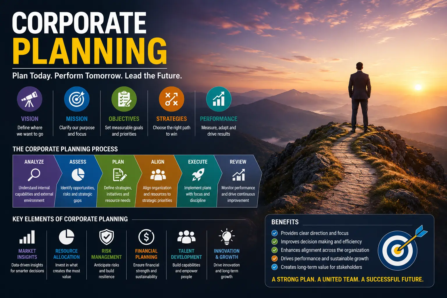 Educational banner showing Corporate Planning with charts, teamwork, and global business visuals