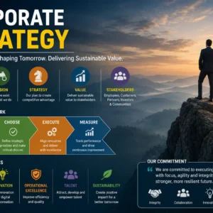 Educational banner showing Corporate Strategy with leadership, global markets, and planning visuals