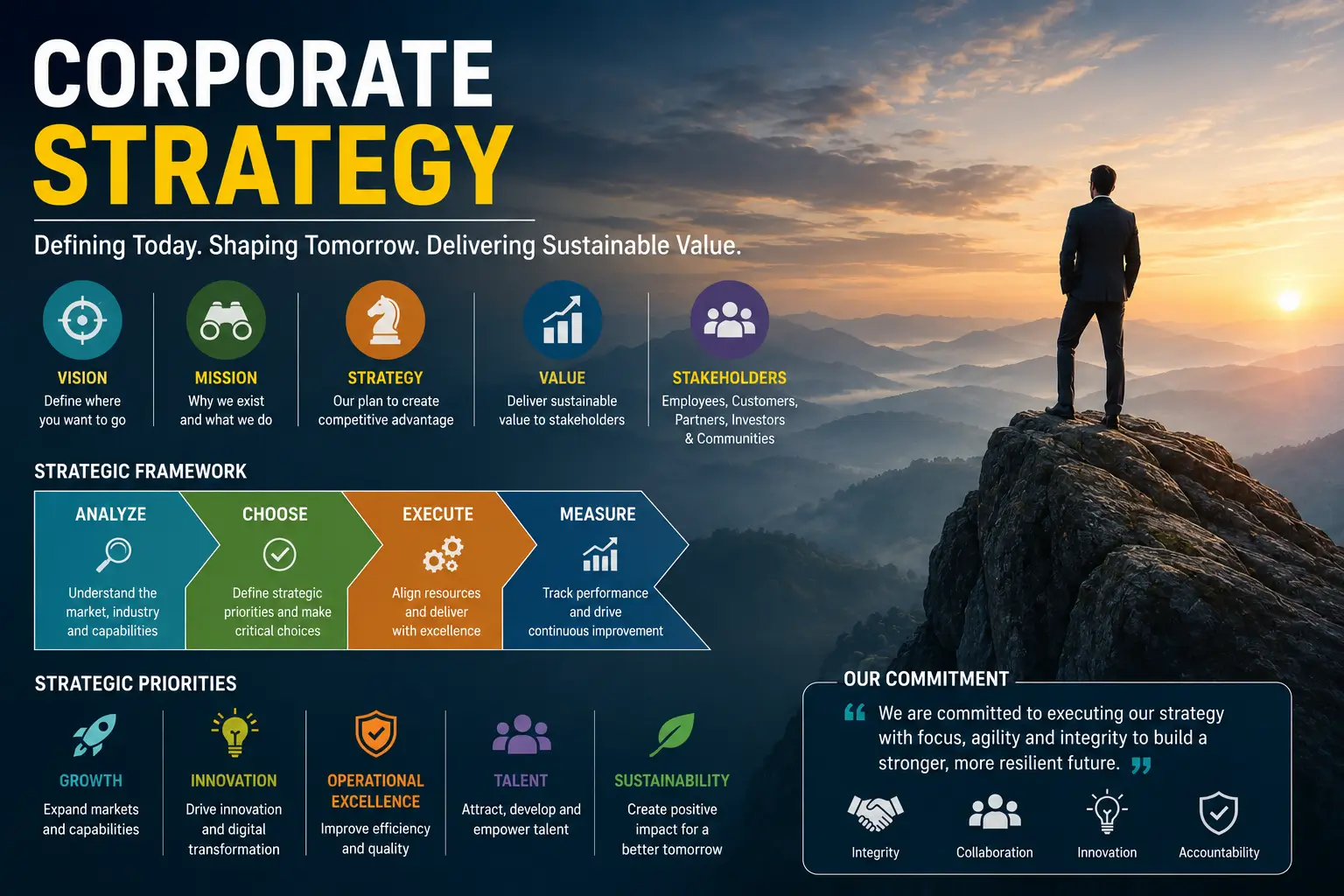 Educational banner showing Corporate Strategy with leadership, global markets, and planning visuals