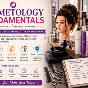 Educational banner for Cosmetology Fundamentals course with beauty and salon visuals