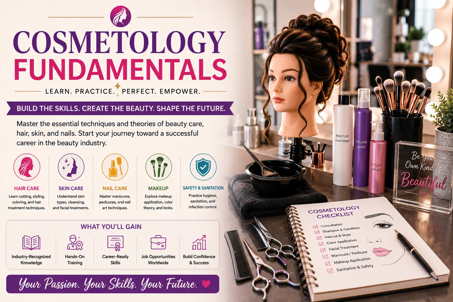 Educational banner for Cosmetology Fundamentals course with beauty and salon visuals