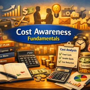 Cost Awareness Fundamentals course image showing budgeting, savings, and cost analysis visuals