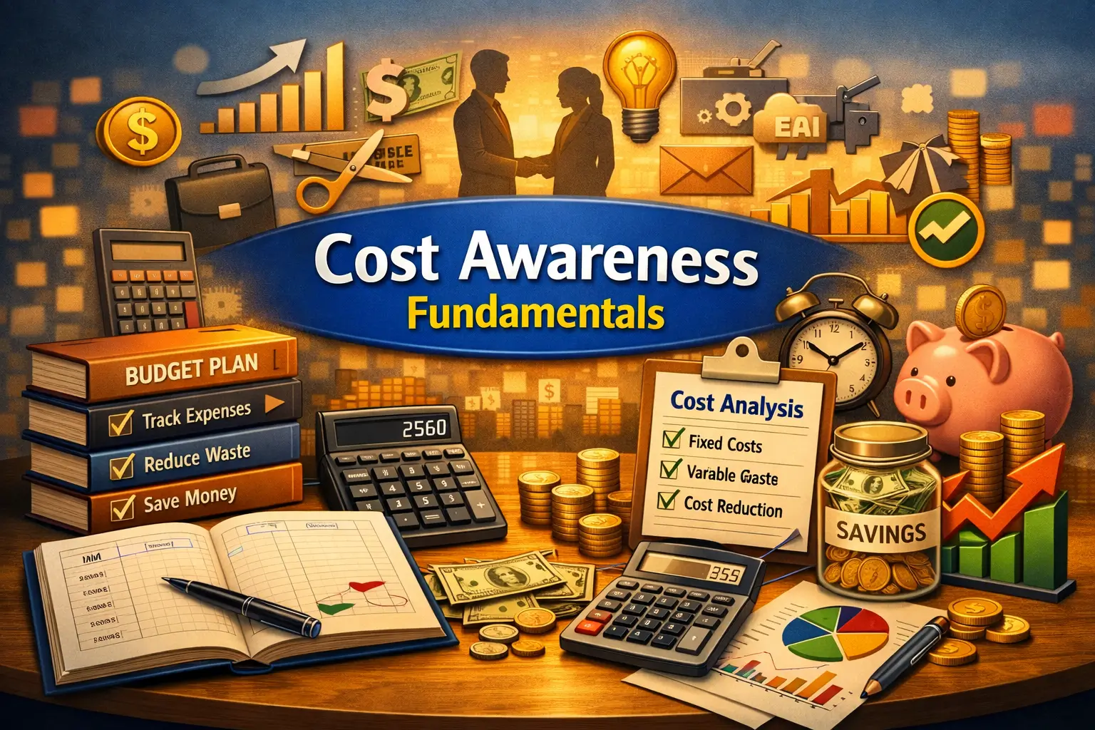 Cost Awareness Fundamentals course image showing budgeting, savings, and cost analysis visuals