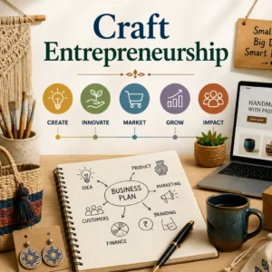 Craft Entrepreneurship course banner showing artisans creating handmade products and managing business tools