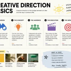 Professional Creative Direction Basics course image with design leadership and visual storytelling elements