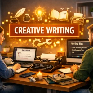 High-quality educational banner showing Creative Writing course with writing tools and creative workspace visuals