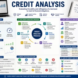 Educational banner showing Credit Analysis with balance sheets, credit scores, and financial charts