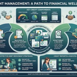 Educational banner showing Credit Management with credit score visuals, loan documents, and financial charts