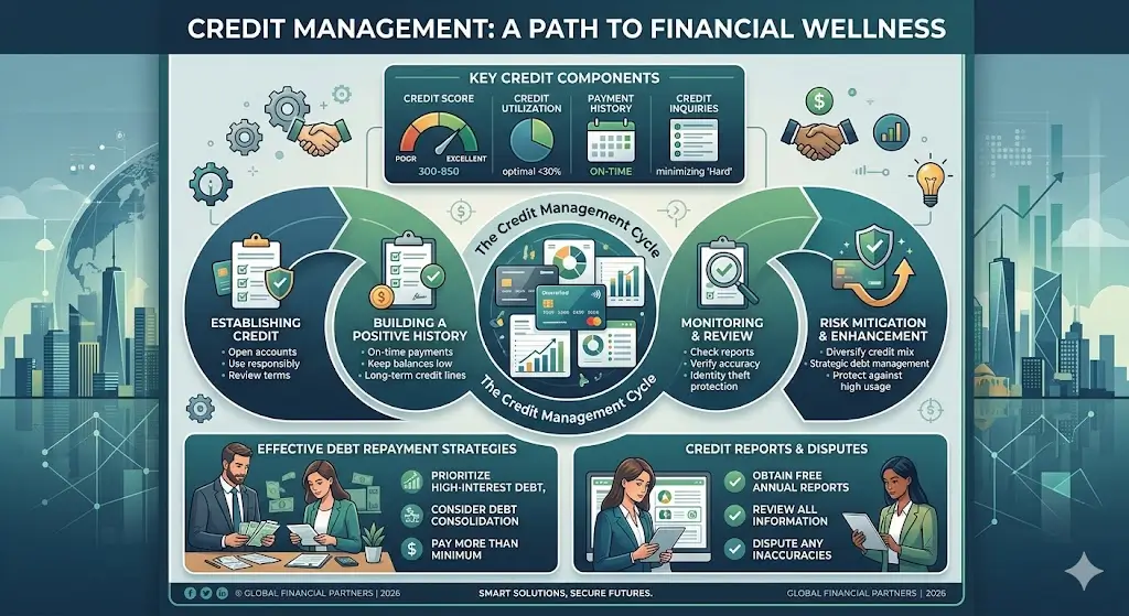 Educational banner showing Credit Management with credit score visuals, loan documents, and financial charts