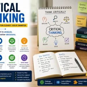 Educational banner for Critical Thinking course with logic and analysis visuals