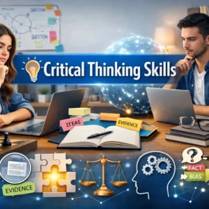 Professional banner showing Critical Thinking Skills with students analyzing ideas and logic