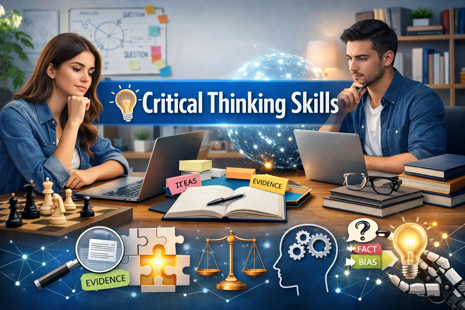 Professional banner showing Critical Thinking Skills with students analyzing ideas and logic