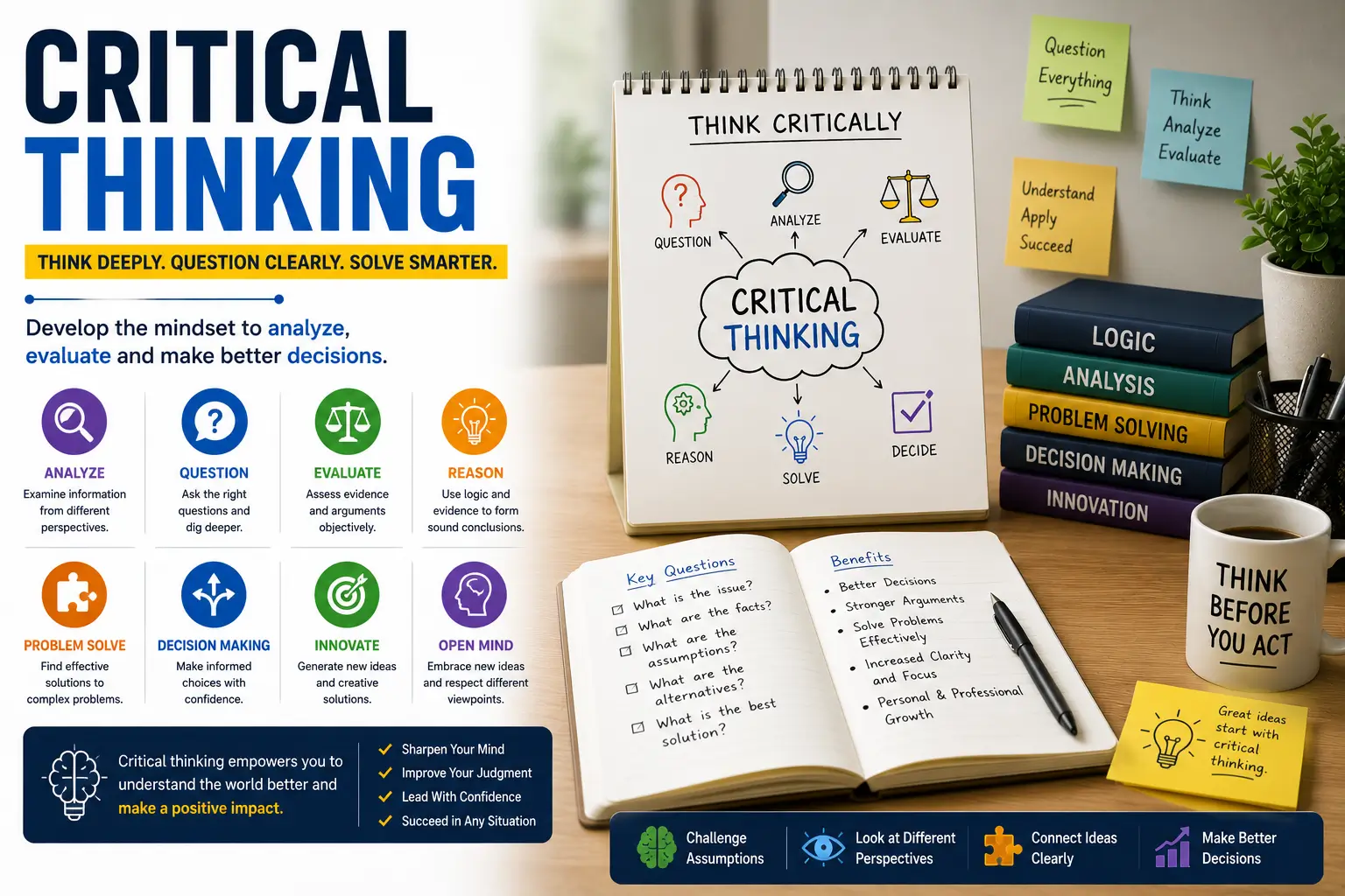 Educational banner for Critical Thinking course with logic and analysis visuals
