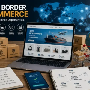 Educational banner showing Cross Border E‑Commerce with global trade, logistics, and digital commerce visuals