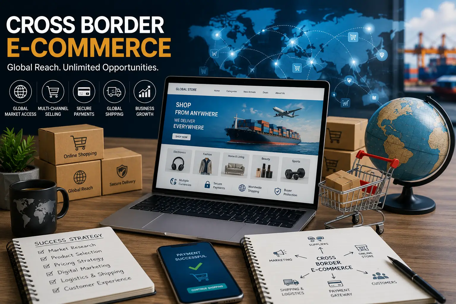 Educational banner showing Cross Border E‑Commerce with global trade, logistics, and digital commerce visuals