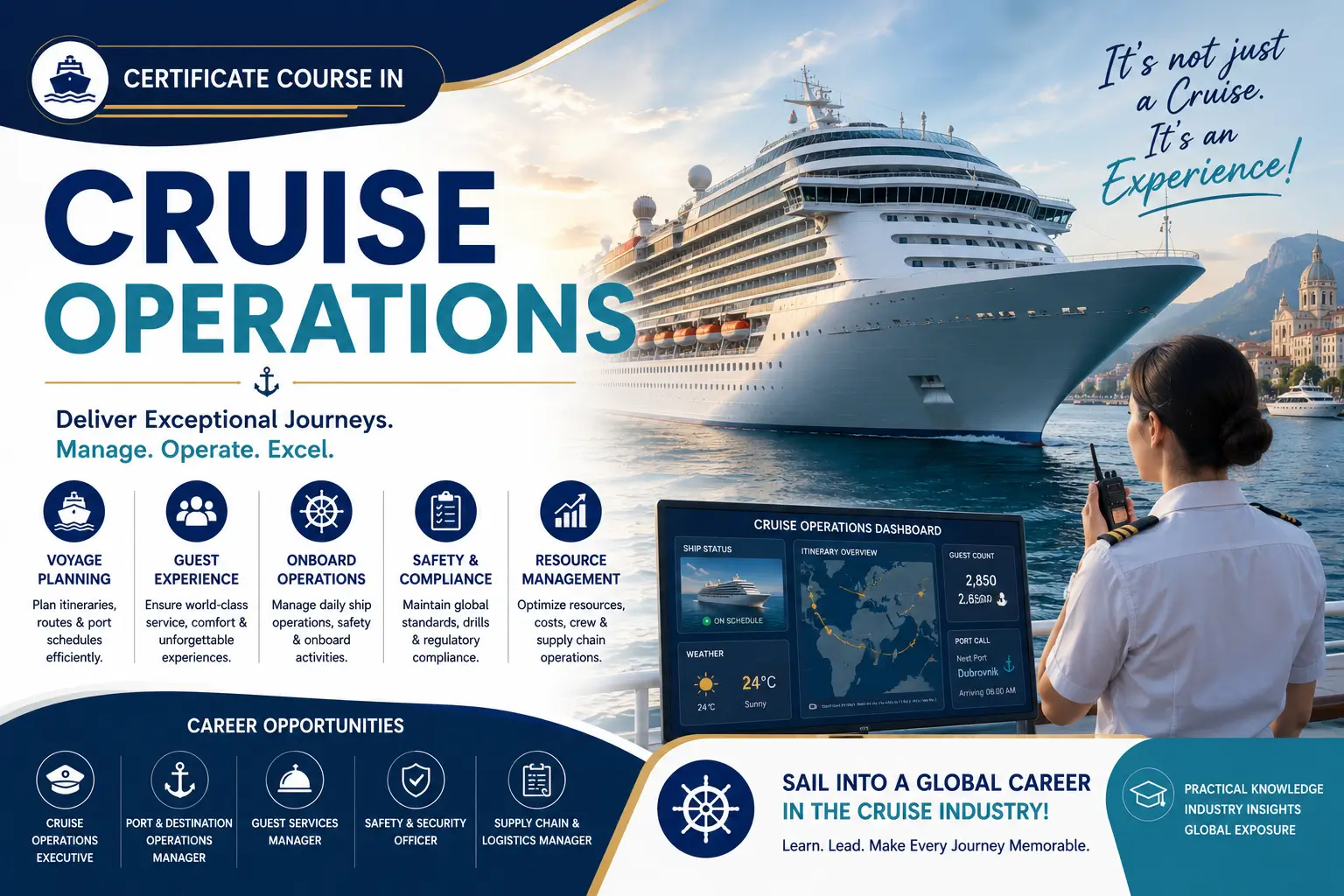 Professional Cruise Operations course image with ship and hospitality visuals